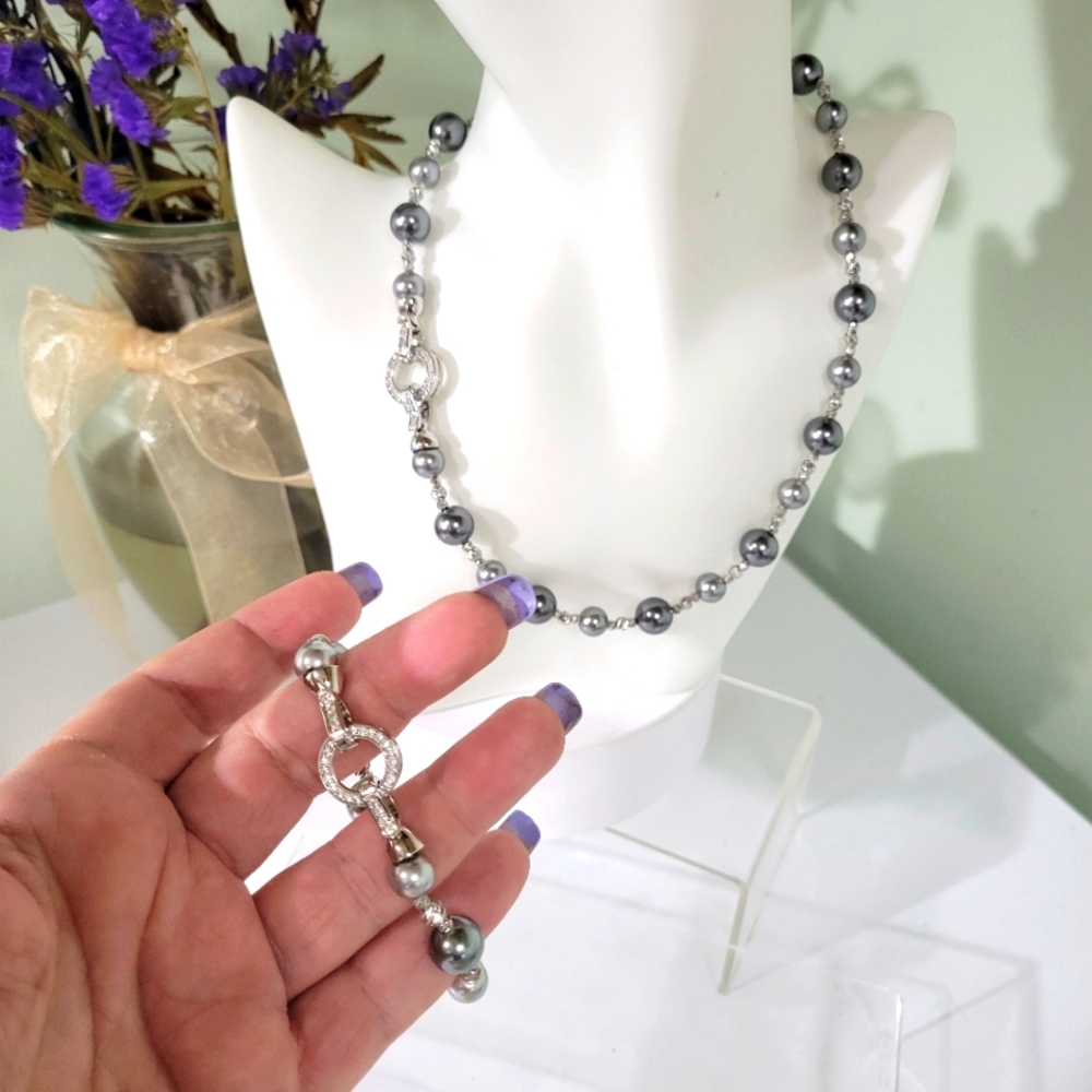 NWT GORGEOUS Silver Pearl Necklace and Bracelet Set 925/COPPER CZ CLOSURE